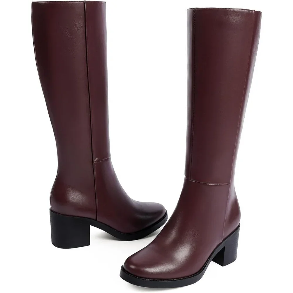 Women's Burgundy Chunky Heel Round Zipper Winter Tall Dress Knee High Boots